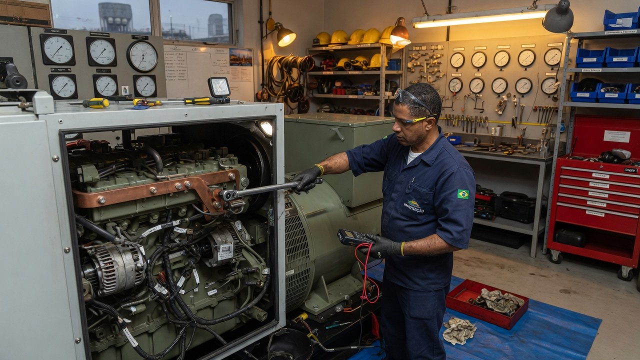 Técnico realizando manutenção em gerador industrial